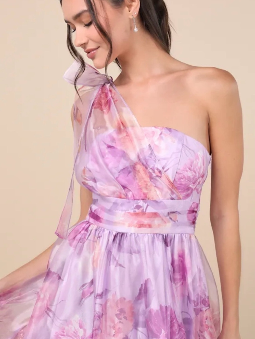 Lulu's Lavender Floral One-Shoulder Gown with Side Slit - Picture 2 of 7